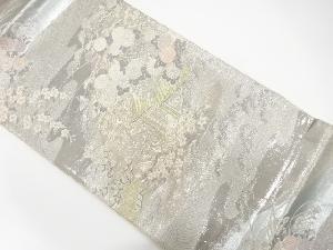 アンティーク　プラチナ二重箔　花に屋敷風景模様織り出し袋帯（材料）